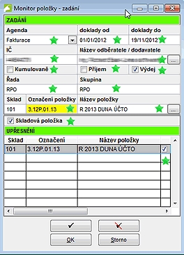 Parametrické nastavení Monitoru položky